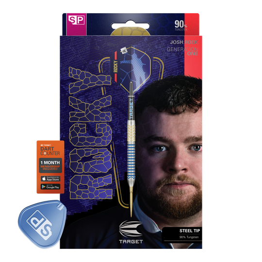 Target Josh Rock GEN1 Swiss Point Steel Darts Das Bild zeigt die Verpackung der "Target Josh Rock GEN1 Swiss Point Steeldarts". Auf der Verpackung ist ein Dart, der Name des Produkts und das Gesicht eines Mannes abgebildet.