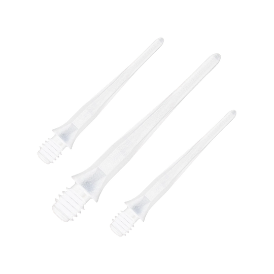 Abgebildet sind Caliburn 2BA Softdartspitzen in Weiß im 50er Pack. Die Spitzen sind für Softdarts geeignet und in einer Verpackungseinheit dargestellt.