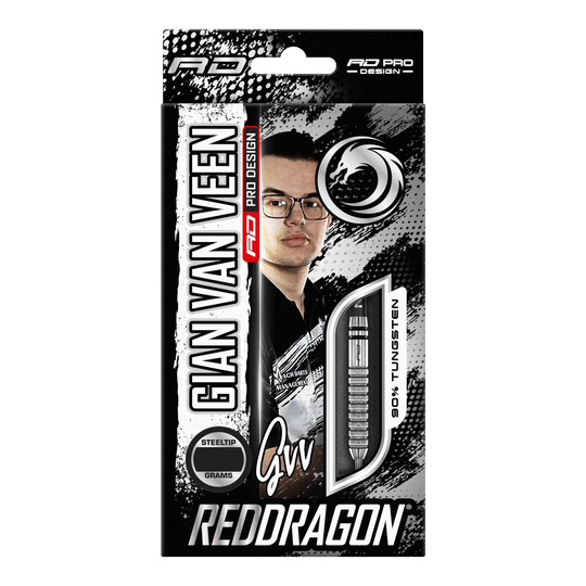 Die Verpackung zeigt die Red Dragon Gian Van Veen Tour Edition Steeldarts mit 22 Gramm. Auf der Vorderseite sind ein Bild von Gian Van Veen und ein Blick auf einen der Darts zu sehen.