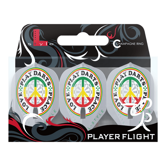 L-Style Deta Hedman V4 Clear White L1PRO Flights Das Bild zeigt die L-Style Deta Hedman V4 Clear White L1PRO Flights für Dartpfeile in einer Verpackung. Auf den Flights ist ein buntes Friedenszeichen mit den Worten "PLAY DARTS * PEACE * LOVE" abgebildet.