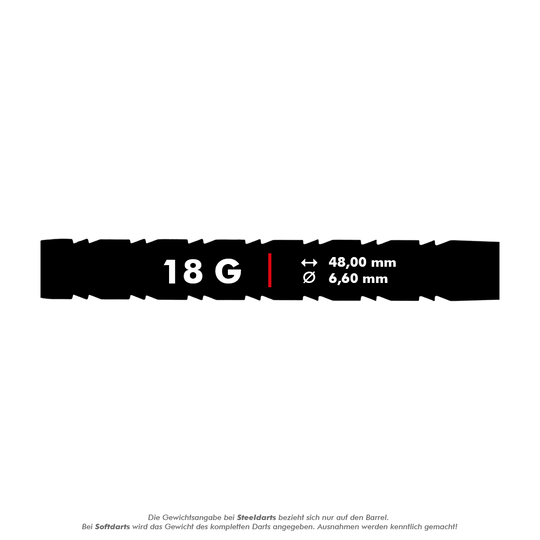 Das Bild zeigt die Produktspezifikationen der "Red Dragon Peter Wright Snakebite 1 Rainbow Softdarts" mit 18 Gramm Gewicht. Die Länge beträgt 48,00 mm und der Durchmesser 6,60 mm.