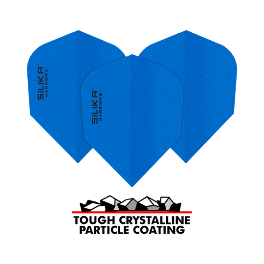 Harrows Silica Solid Tough Crystalline Coating Blue No6 Flights Das Bild zeigt blaue Dart-Flights der Marke Harrows Silika mit einer soliden, kristallinen Beschichtung. Unten im Bild steht "Tough Crystalline Particle Coating" mit einer grafischen Darstellung von Kristallen.