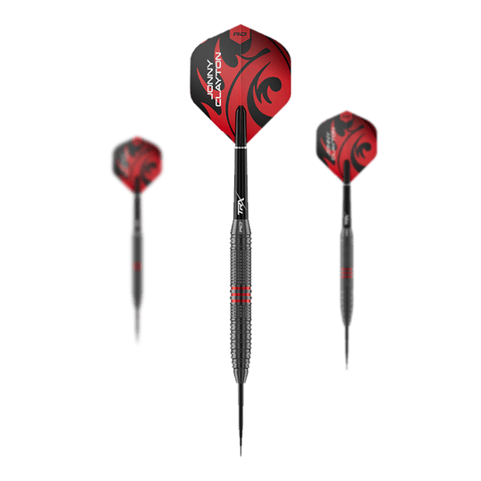 Red Dragon Jonny Clayton Core Brass Steeldarts - 21g Das Bild zeigt ein Set der Red Dragon Jonny Clayton Core Brass Steeldarts mit 21g Gewicht. Es sind drei Darts mit goldener Griffzone und roten Flights dargestellt.