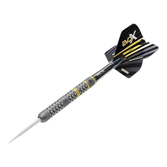 Das Bild zeigt einen Winmau Michael Van Gerwen Evo-X Steeldart. Der Dart hat ein schwarzes und gelbes Design mit metallischer Spitze und strukturierter Griffzone.