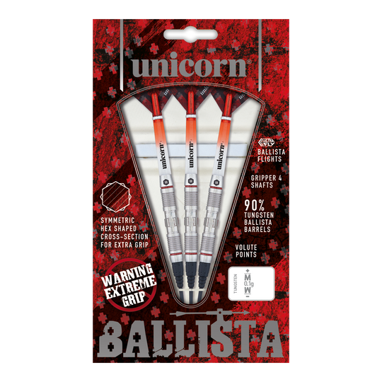 Unicorn Ballista Style 2 soft darts Das Bild zeigt eine Packung „Unicorn Ballista Style 2 Softdarts“. In der Packung befinden sich drei Softdarts mit silbernen und orangenen Details.