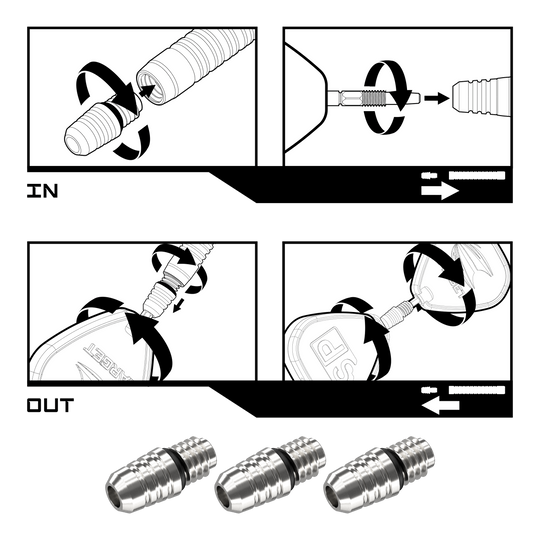 Target Swiss Point 2BA Converter - Silber Das Bild zeigt eine Anleitung zur Verwendung des Target Swiss Point 2BA Converter in Silber. Es erklärt Schritt für Schritt, wie man den Converter ein- und ausbaut.