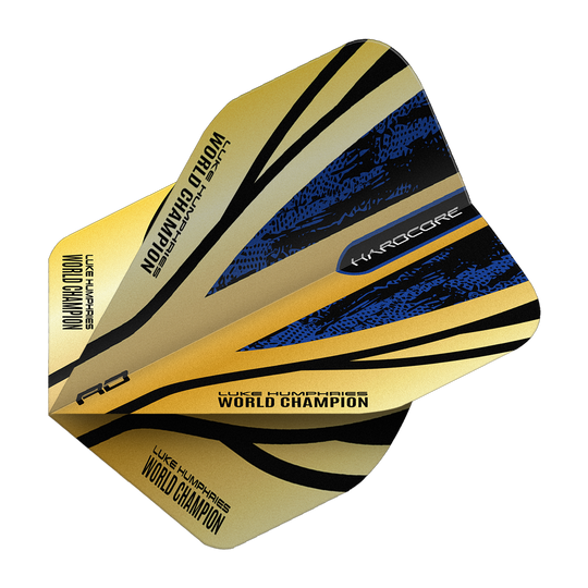 Red Dragon Hardcore Premium Luke Humphries Gold Standard Flights Das Bild zeigt das Produkt "Red Dragon Hardcore Premium Luke Humphries Gold Standard Flights". Die Dart-Flight ist goldfarben mit schwarzen und blauen Akzenten und trägt die Aufschrift "Luke Humphries World Champion".