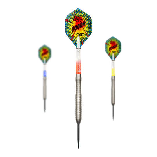 Karella Comic Line CL-2 steel darts - 23g Dies ist ein Satz Karella Comic Line CL-2 Steeldarts - 23g. Die Steeldarts werden zusammen präsentiert.