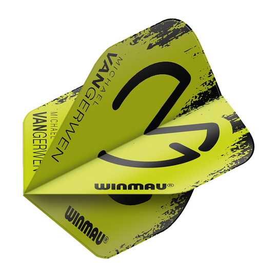 6900-232_Winmau_Mega_MvG_Black_Green_Standard_Flights_2 Das Bild zeigt ein Dartflight in den Farben Schwarz und Grün mit dem Aufdruck "Winmau" und "Michael van Gerwen". Das Produkt ist das "Winmau Mega MvG Black Green Standard Flights".