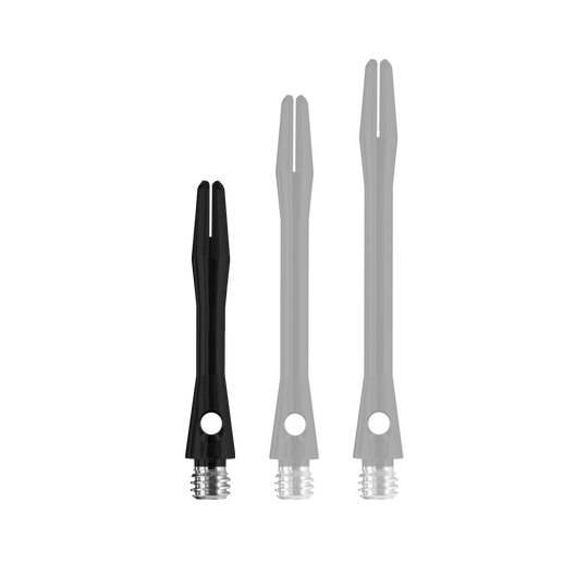 Das Bild zeigt drei Harrows Keramic Shafts in Matt Schwarz, jeweils in unterschiedlicher Länge. Die Schäfte haben ein glänzendes schwarzes Design mit silbernen Gewinden am unteren Ende.