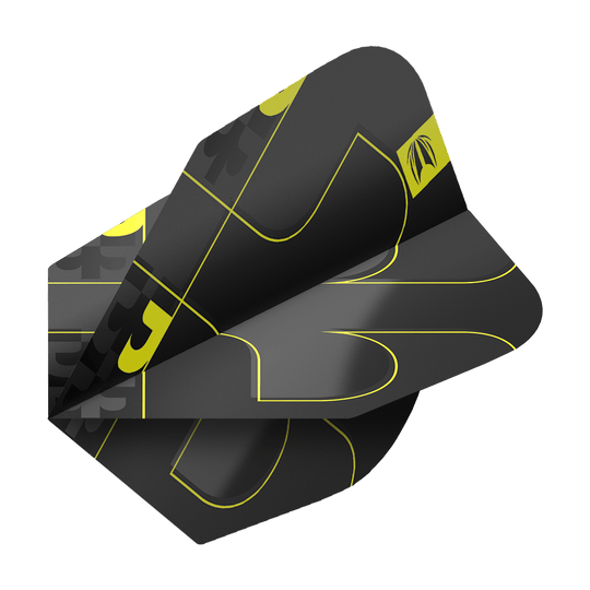 Target ProUltra Bolide Void No6 Flights Das Bild zeigt die Target ProUltra Bolide Void No6 Flights in einem modernen Design. Die Flights sind schwarz mit gelben Linien und grafischen Elementen gestaltet.