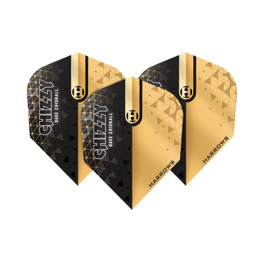 Harrows Prime Dave Chisnall Chizzy 2 No6 Flights Das Bild zeigt die Harrows Prime Dave Chisnall Chizzy 2 No6 Flights. Die Flights sind in Schwarz und Gold gestaltet und tragen die Aufschrift "CHIZZY DAVE CHISNALL" sowie "HARROWS".