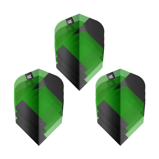 Target Pro Ultra TAG Green Ten-X Standard Flights - 3 Sets Das Bild zeigt drei grüne und schwarze Dart-Flights des Produkts "Target Pro Ultra TAG Grün Ten-X Standard". Die Flights haben ein auffälliges geometrisches Muster und das Target-Logo oben.