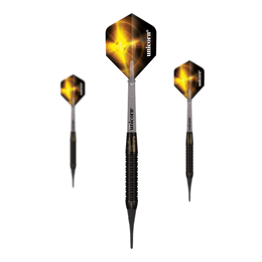 Unicorn World Champion Gary Anderson Black Brass Soft Darts - 19 g Das Bild zeigt drei Unicorn World Champion Gary Anderson Black Brass Softdarts mit einem Gewicht von 19 g. Die Pfeile haben schwarze Flights mit einem gelben, leuchtenden Design.