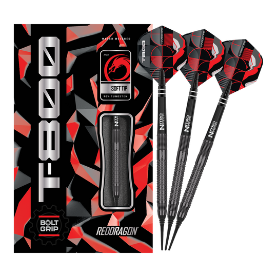 Red Dragon T-800 soft darts - 20g Das Bild zeigt die Red Dragon T-800 Softdarts mit 20g Gewicht in einer schwarzen und roten Verpackung. Drei schwarze Softdarts mit roten und schwarzen Flights sind neben der Verpackung abgebildet.