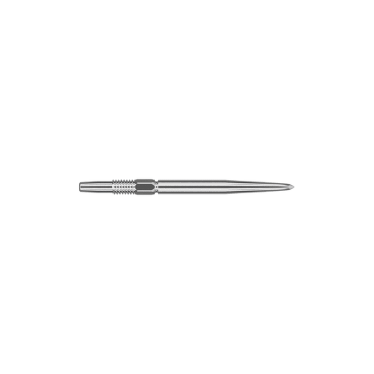 Target Swiss Point Silver dart tips Auf dem Bild ist eine silberne Dartspitze zu sehen. Sie ist schmal, metallisch und hat eine Länge von 26 mm.