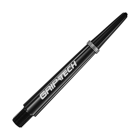 GOAT Griptech Shafts - Black Auf dem Bild ist ein schwarzer Dart-Schaft mit der Aufschrift "GRIPTECH" zu sehen. Der Schaft ist schlank und hat silberne Ringe in der Nähe des oberen Endes.