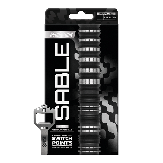 Abgebildet ist ein Satz Red Dragon Sable Parallel Switch Point Steeldarts. Die Darts sind präzise ausbalanciert und ideal für Dartspieler geeignet.