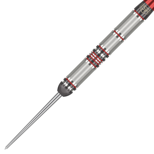 DW Piranha Razor 01 steel darts Das Bild zeigt einen DW Piranha Razor 01 Steeldart. Der Dartpfeil ist silbern mit roten Akzenten und hat eine feine Griffstruktur.