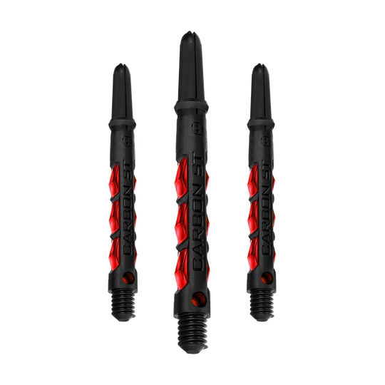 Das Bild zeigt drei Harrows Carbon ST Shafts in der Farbe Rot. Die Dartschäfte sind schwarz mit auffälligen roten Akzenten und dem Schriftzug "Carbon ST".