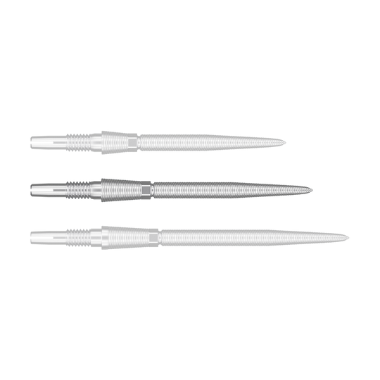 340081_Target_Swiss_Storm_Nano_Point_Dartspitzen_Silber_30mm_1 Das Bild zeigt drei silberne Dartspitzen, die nebeneinander angeordnet sind. Sie sind lang, schlank und haben eine fein gerillte Oberfläche.