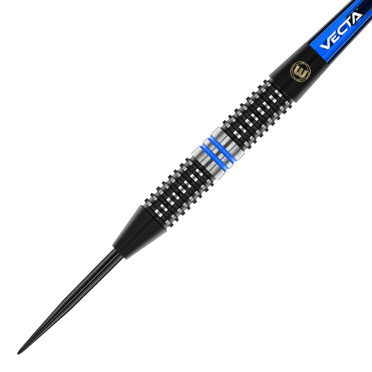 Winmau Galactics Steeldarts Das Bild zeigt einen Winmau Galactics Steeldart. Der Dart hat ein schwarzes und silbernes Griffstück mit blauen Ringen.
