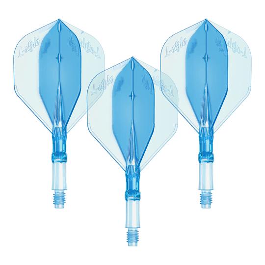 Dieses Bild zeigt ein Set von L-Style L-System Flights in klarer blauer Farbe, Größe Small. Es ist ein Zubehörteil für Dartpfeile.