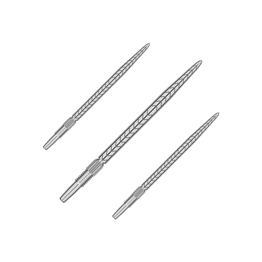 Auf dem Bild sind drei silberne Dartspitzen mit einem eingravierten Muster zu sehen. Sie sind länglich geformt und haben ein fein gearbeitetes Design.