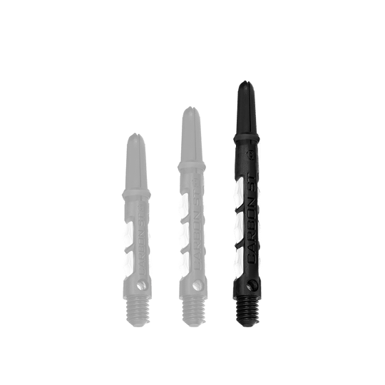 Das Bild zeigt drei Harrows Carbon ST Shafts in der Farbe Weiß. Die Dartschäfte sind in unterschiedlichen Längen abgebildet.