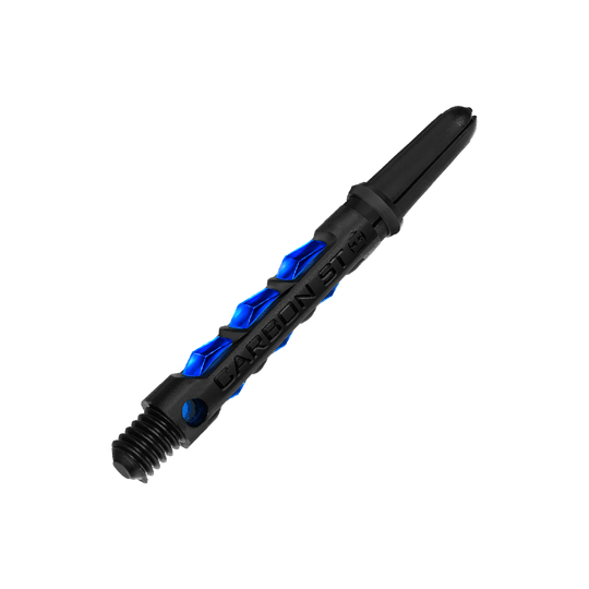HR414_Harrows_Carbon_ST_Shafts_Blau_40mm_2 Das Bild zeigt einen Harrows Carbon ST Shaft in Blau. Der Schaft besteht aus schwarzem Material mit blauen Akzenten und ist für Dartpfeile geeignet.