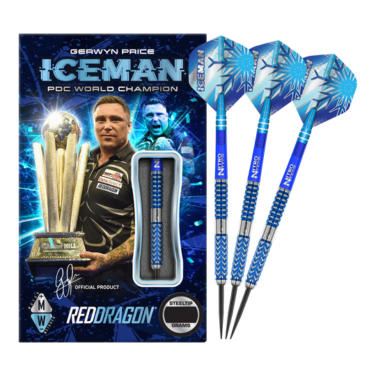 Red Dragon Gerwyn Price Glacier steel darts Das Bild zeigt das Produkt "Red Dragon Gerwyn Price Glacier Steeldarts" in einer auffälligen blauen Verpackung mit einem Bild von Gerwyn Price und einer Trophäe. Rechts daneben sind drei blaue Steeldarts mit dem Namen "ICEMAN" auf den Flights zu sehen.