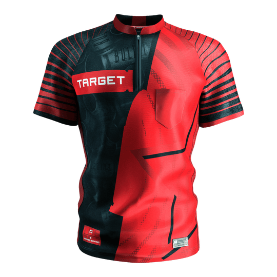 Das Bild zeigt das Target Coolplay Stephen Bunting 2025 Dartshirt. Das Shirt ist rot-schwarz gestaltet mit auffälligen Streifen und dem weißen "TARGET" Logo auf der Brust.