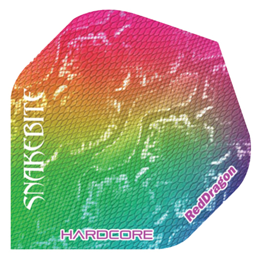 PPF47 Das Bild zeigt das Produkt "Peter Wright Snakebite Hardcore Snakeskin Flights". Das Flight hat ein schlangenähnliches Muster mit einem bunten Farbverlauf in Rot, Gelb, Grün und Blau.