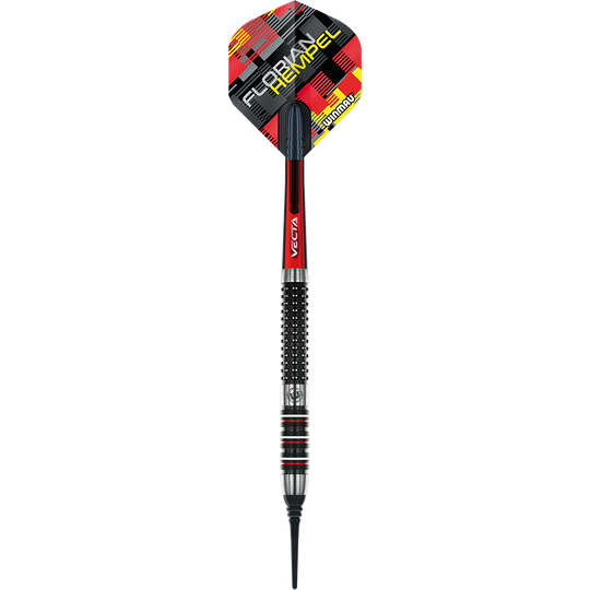 2466_Winmau_Florian_Hempel_Softdarts_1akpLr2CixJVwy Das Bild zeigt einen Winmau Florian Hempel Softdart mit einem Gewicht von 21g. Die Flights sind bunt gestaltet und tragen den Namen "Florian Hempel".