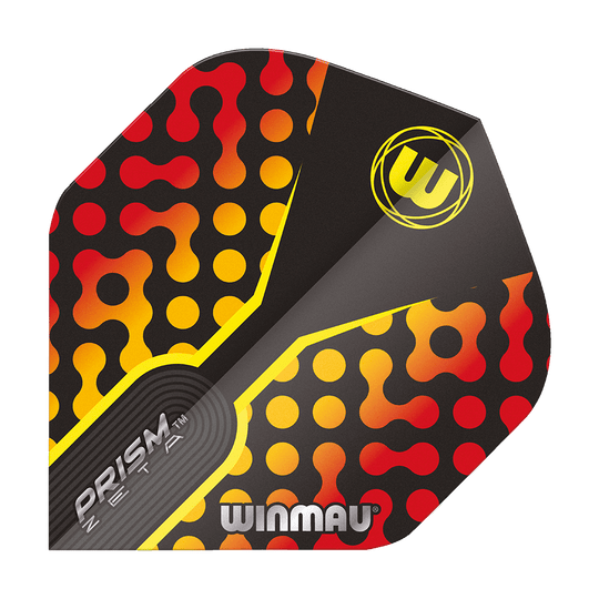 Das Bild zeigt das Produkt "Winmau Prism Zeta RedOrange Standard Flights". Das Design ist schwarz mit roten, gelben und orangefarbenen Punkten und Mustern.