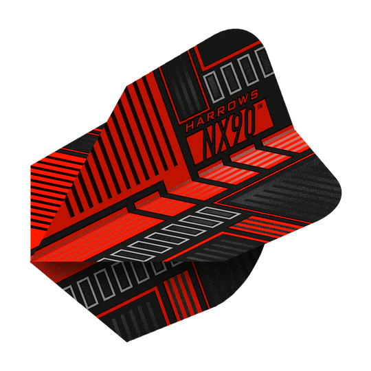 Das Bild zeigt das Produkt "Harrows Prime NX90 Red Flights". Die Flights haben ein modernes Design in Rot, Schwarz und Silber mit auffälligen Linienmustern.