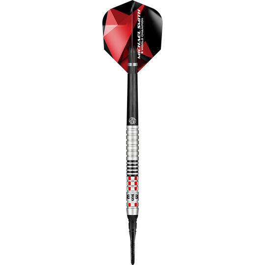 Shot Michael Smith Achieve Soft Darts Auf dem Bild ist ein Softdartpfeil mit silbernen und schwarzen Elementen zu sehen. Das Flights ist rot-schwarz und trägt die Aufschrift "Michael Smith World Champion".