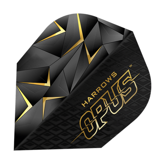 Das Bild zeigt ein Harrows Opus Version 3 Flight für Dartpfeile. Das Flight ist schwarz mit goldenen geometrischen Mustern und dem Schriftzug "Harrows Opus".