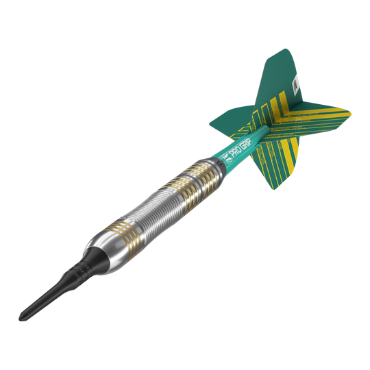 Target Rob Cross Brass Soft Darts - 18g Das Bild zeigt einen Target Rob Cross Brass Softdart mit einem Gewicht von 18 Gramm. Der Dart hat einen silbernen und goldenen Ringgriff sowie grüne Flights mit gelben Streifen.