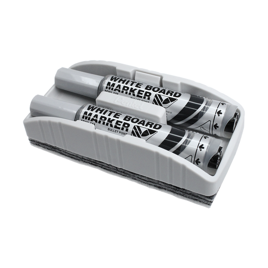 671-Maxiflow-Trocken-Wischschwamm-inkl-zwei-Markern-1 Das Bild zeigt einen Maxiflo Trocken Wischschwamm mit zwei Whiteboard-Markern. Die Marker sind in den Schwamm eingesetzt und können leicht entnommen werden.