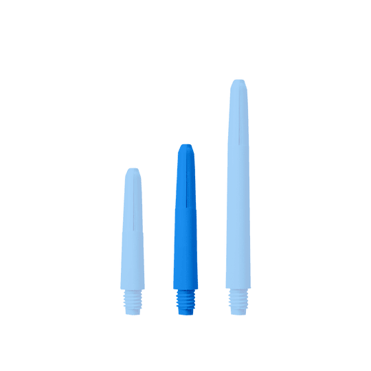 Das Bild zeigt drei blaue Nylon-Schäfte in unterschiedlichen Längen. Sie sind nebeneinander auf weißem Hintergrund angeordnet.