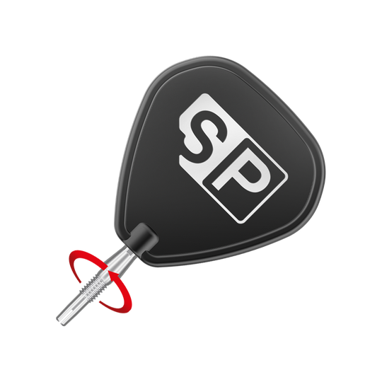 Target Swiss Storm Diamond Point Dart Tips - Silver Das Bild zeigt eine Dartspitze mit schwarzem SP-Werkzeug zum Einschrauben. Um die Spitze ist ein roter Pfeil zu sehen, der die Drehbewegung anzeigt.