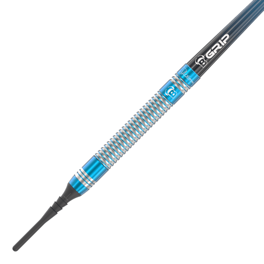 Bulls Jermaine Wattimena Generation 3 Soft Darts - 20g Das Bild zeigt einen Softdart mit silbernen und blauen Rillen. Auf dem Schaft steht „B GRIP“ und der Dart wirkt hochwertig verarbeitet.