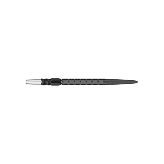 Target Swiss FLT Point Dart Tips - Black Zwei Dartspitzen mit dunkler Farbgebung sind abgebildet. Sie sind parallel im Bild angeordnet.