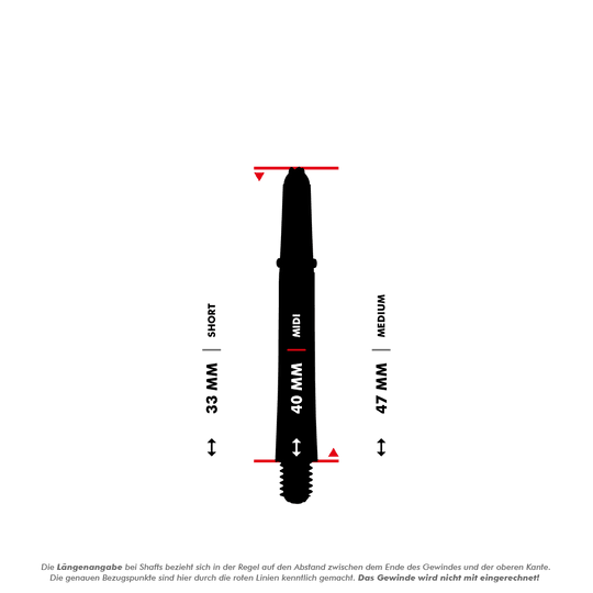 HR351_Harrows_Supergrip_Carbon_Shafts_5_40mm Das Bild zeigt verschiedene Längenangaben für die Harrows Supergrip Carbon Shafts - Aqua. Es gibt drei Größen: Short mit 33 mm, Midi mit 40 mm und Medium mit 47 mm.