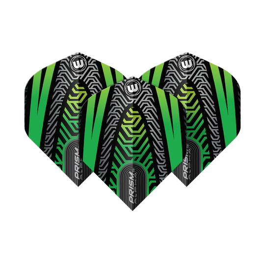 Winmau Prism Alpha Black Green No. 2 Standard Flights Winmau Prism Alpha Schwarz No2 Standard Flights sind als Set abgebildet. Das Muster ist auffällig und modern.