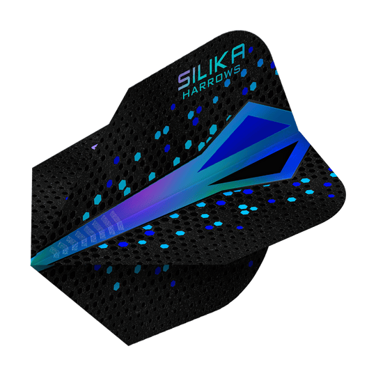 Das Bild zeigt ein Dartflight mit dem Namen "Harrows Silika Colourshift Tough Crystalline Coating Blue No6". Das Flight ist überwiegend schwarz mit einem blauen, schimmernden Muster und sechseckigen Akzenten.