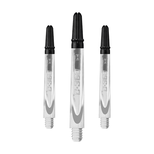 HR448_Harrows_Carbon_360_Shafts_Clear_49mm_1EXwDpJSfnNzw3 Das Bild zeigt drei transparente Dartschäfte mit schwarzem oberen Ende. Auf den Schäften steht die Aufschrift "C:360".