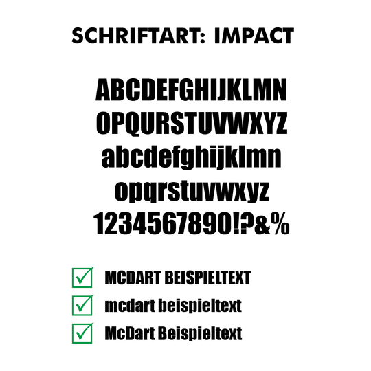 Flightdruck-Schriftart-ImpactzJ0XL6t2mAKcF Das Bild zeigt verschiedene Schriftproben der Schriftart „Impact“ in Groß- und Kleinbuchstaben sowie Zahlen und Sonderzeichen. Unten werden drei Beispieltexte in unterschiedlichen Schreibweisen mit einem grünen Häkchen angezeigt.