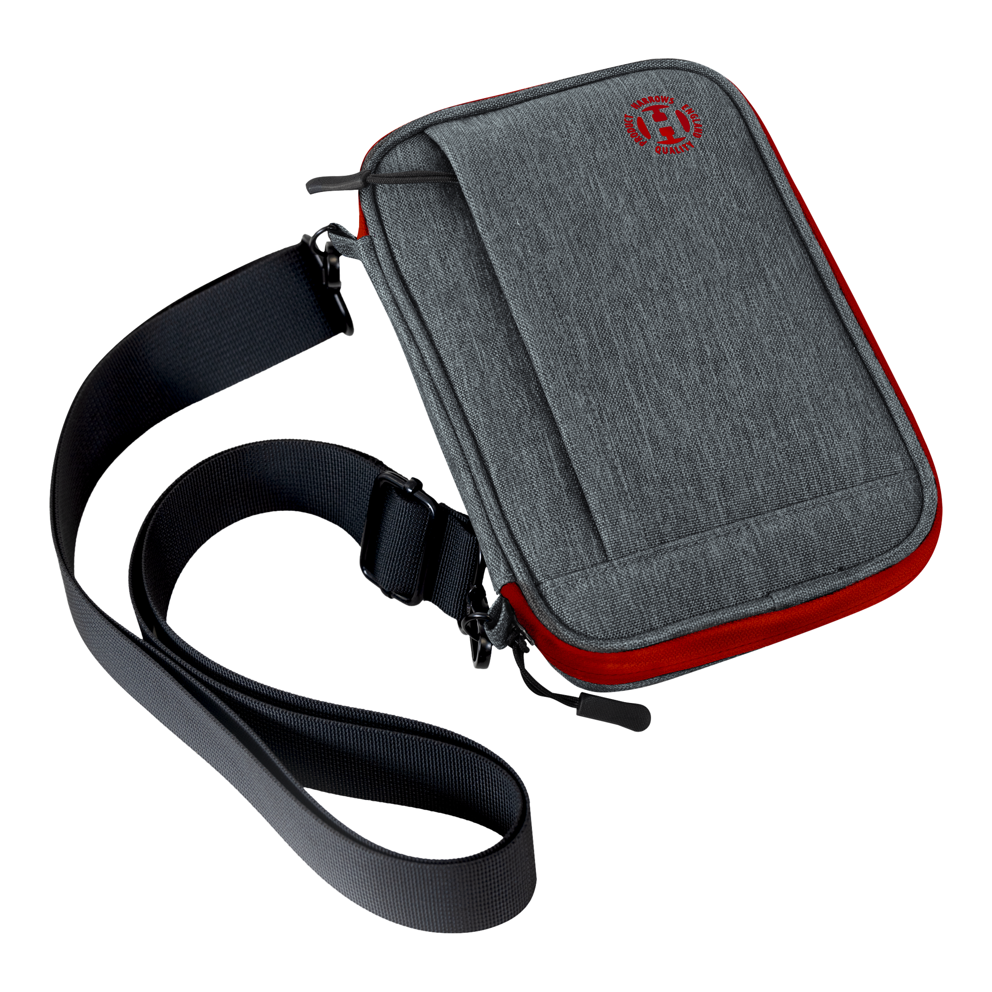 Harrows Smart Case XL dart wallet Das Bild zeigt eine graue Darttasche mit roten Akzenten und einem schwarzen Schultergurt. Auf der Vorderseite ist ein rundes rotes Logo sichtbar.